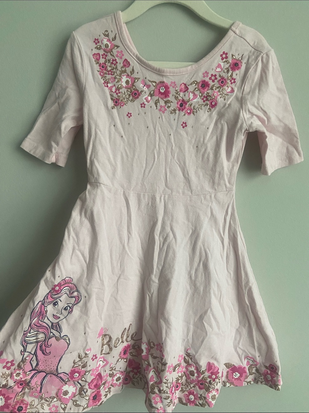 Disney Jumping Beans Belle cotton dress size 5 girls gold pink white